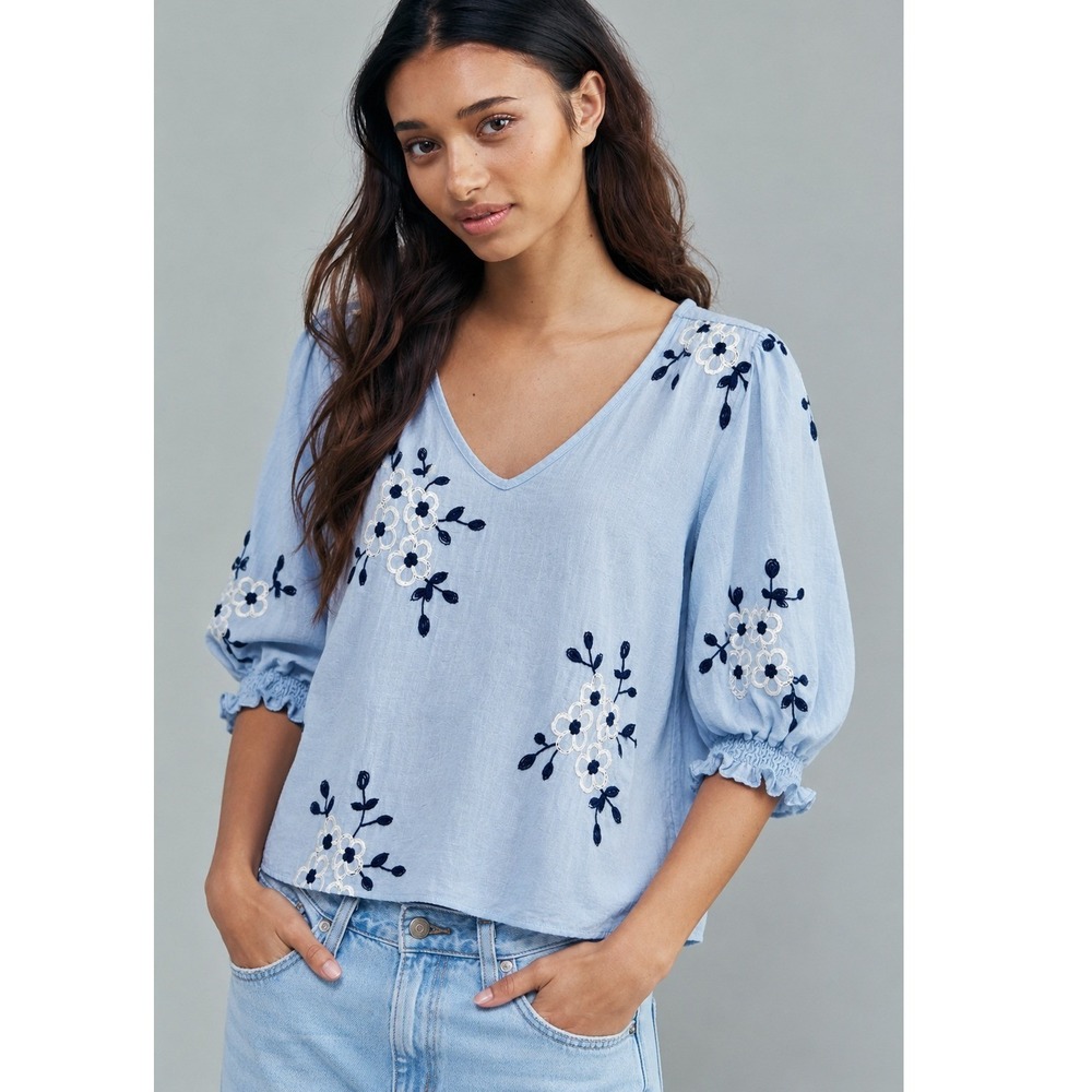Kindred Anthropologie Light Blue Floral Boho Cottagecore Top Womens Medium